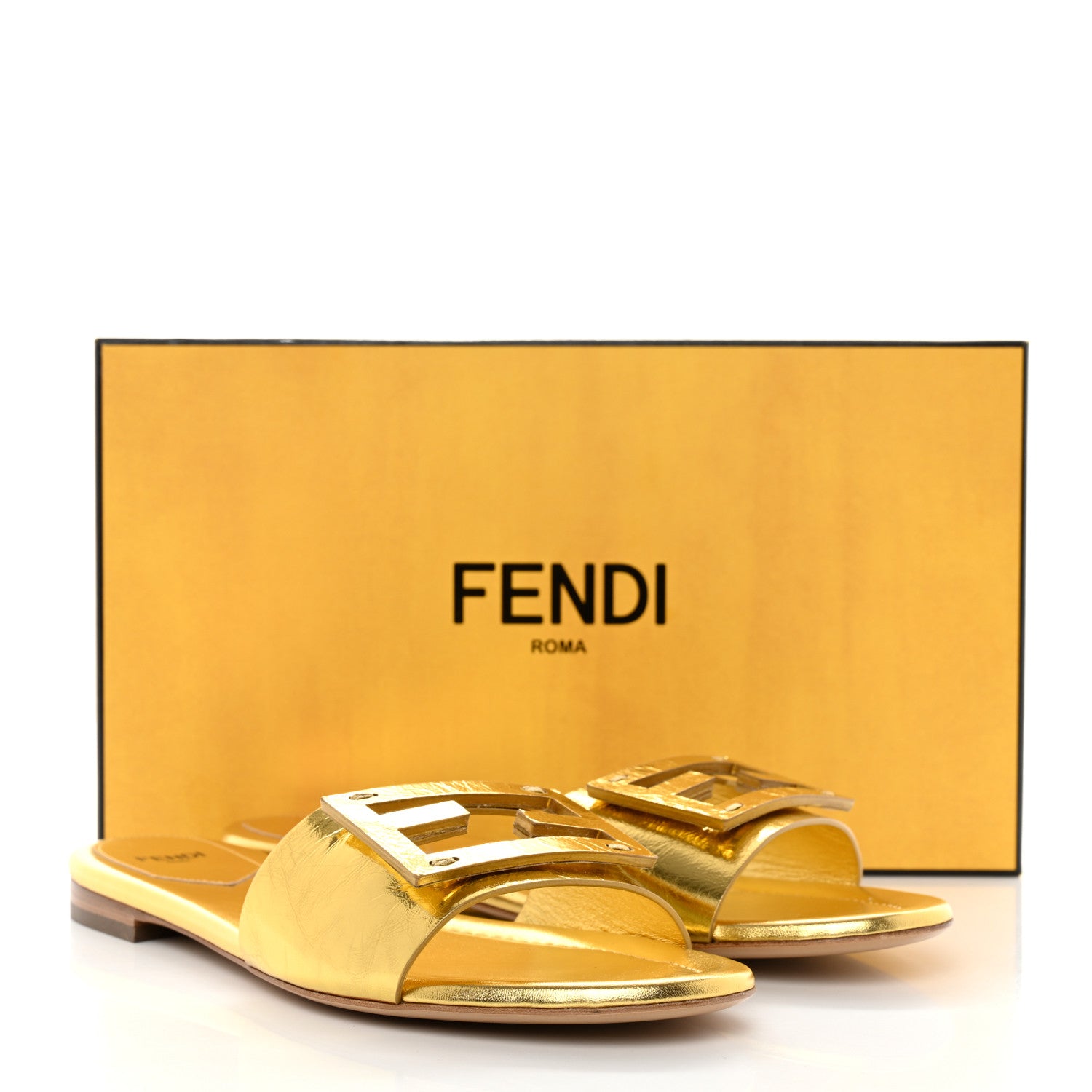 Fendi Nappa Laminata Cuoio Baguette Flat Slide Sandals 38.5 Gold 8 of 8
