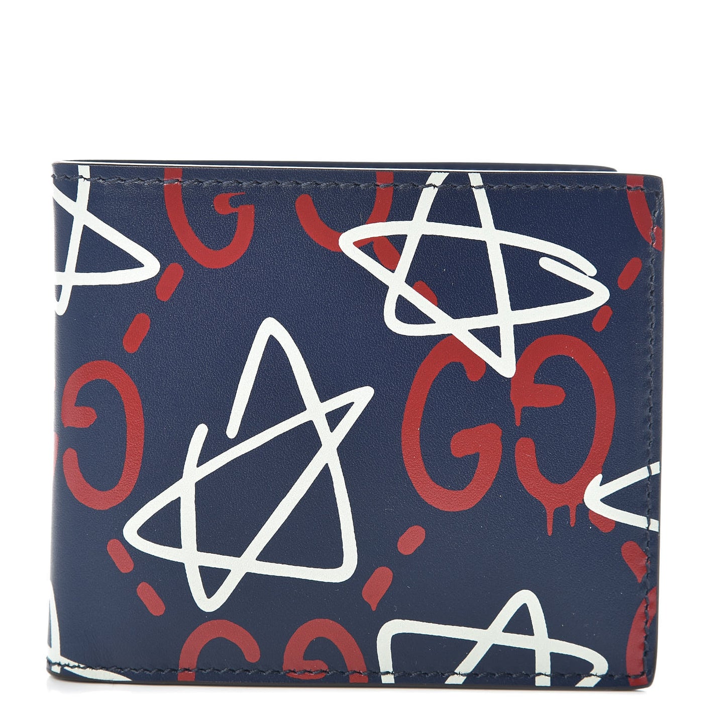 Calfskin GucciGhost Print Bi-Fold Wallet Blue Agata Hibiscus Red