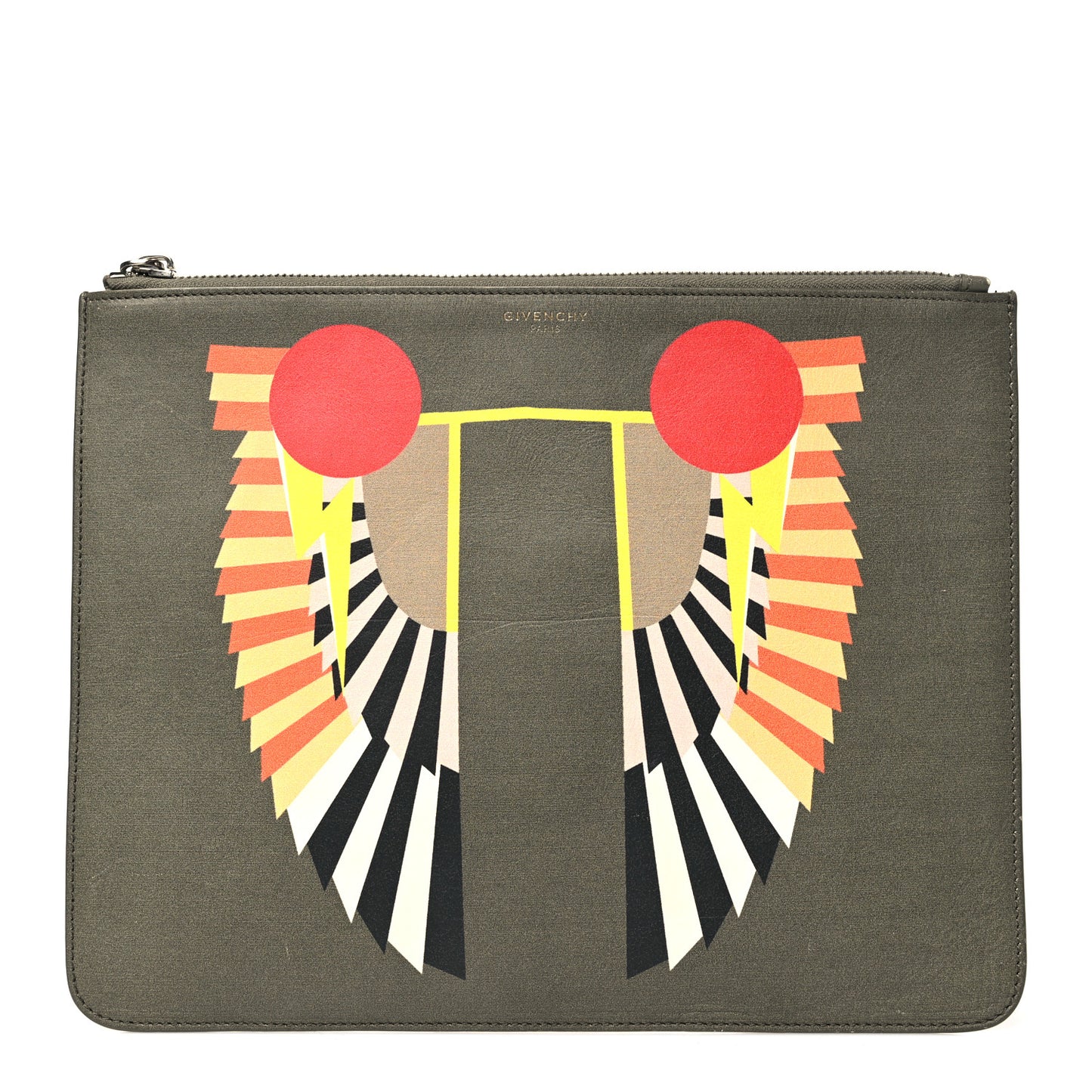 Calfskin Egyptian Print Zip Pouch Olive
