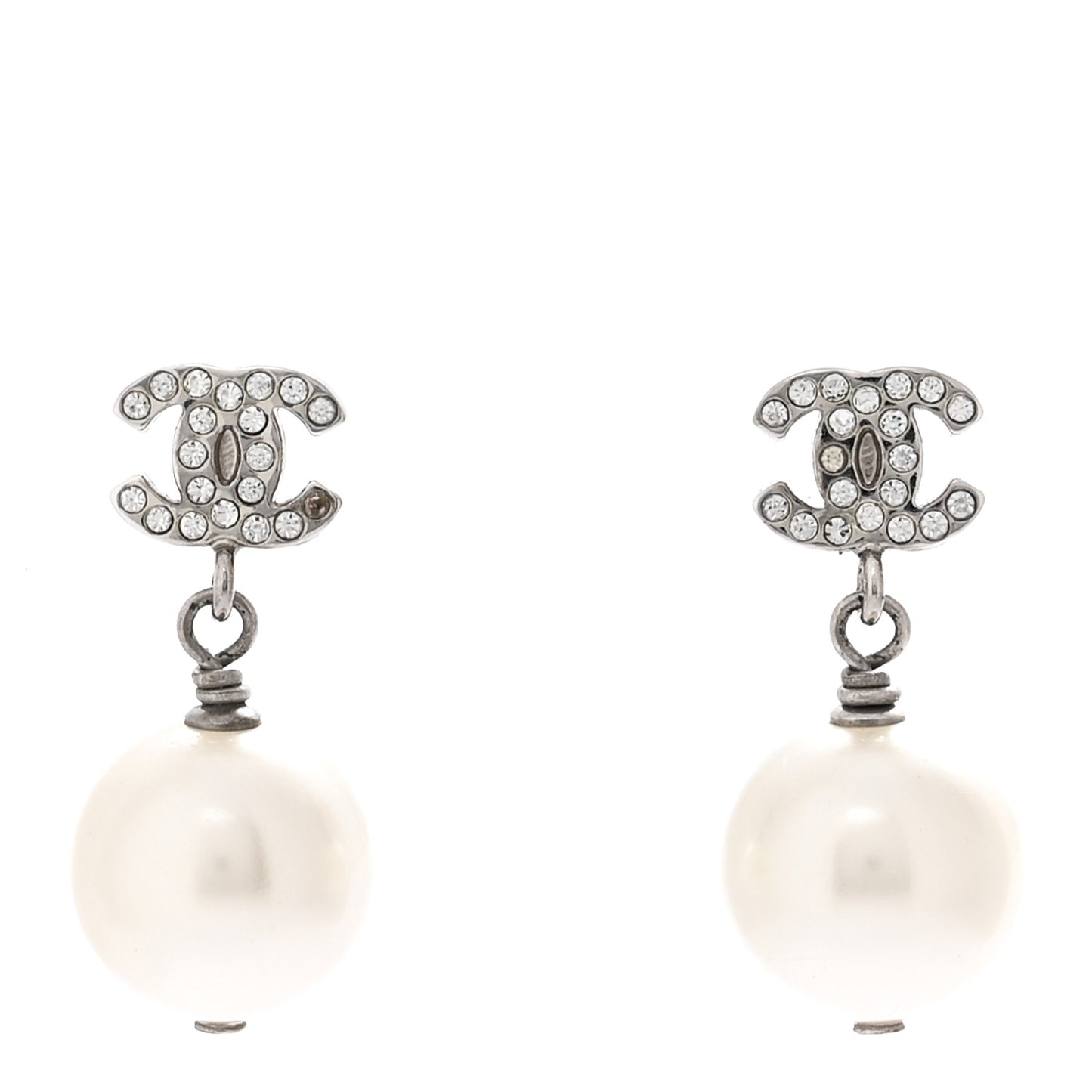 Crystal Pearl CC Drop Earrings Silver Pearly White