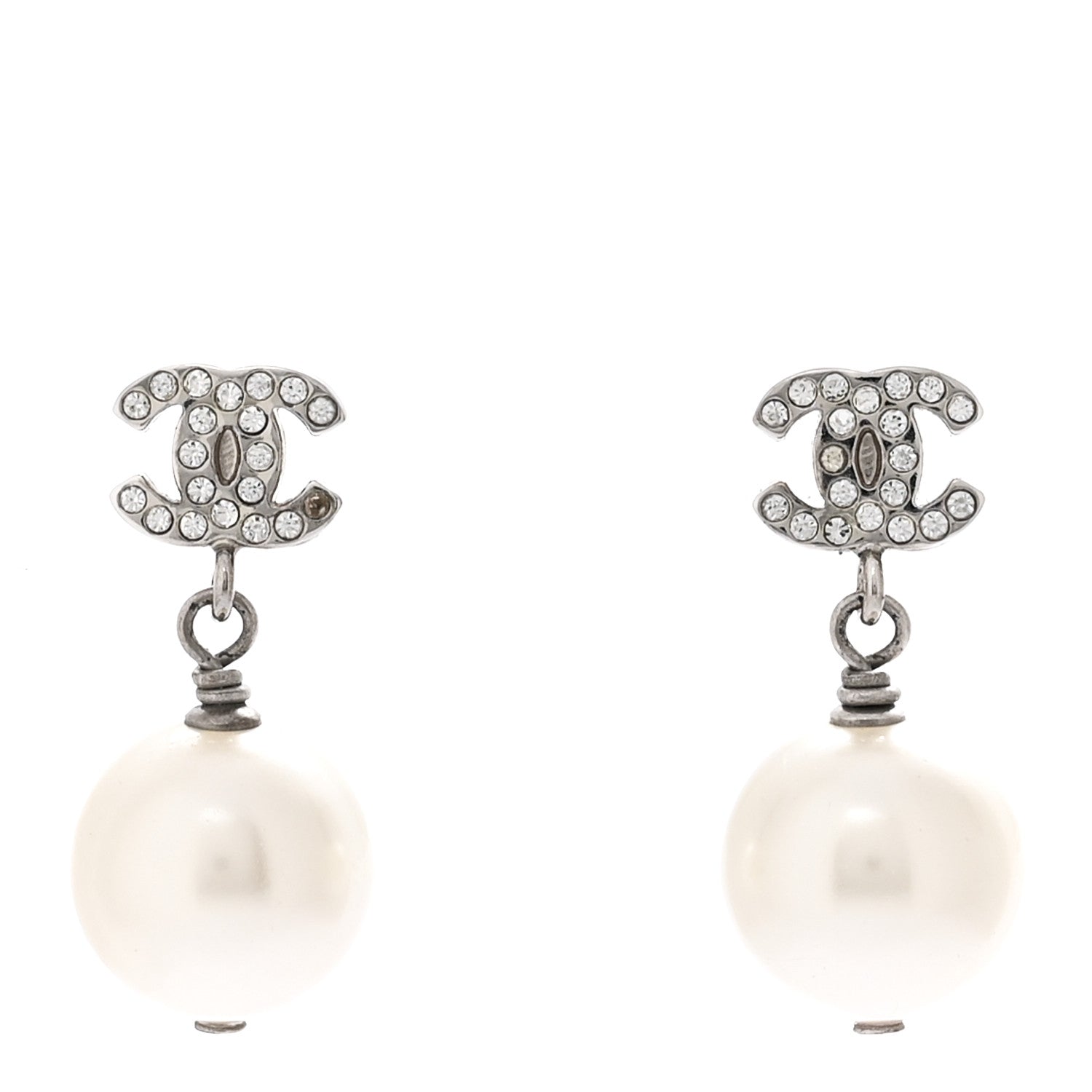 Chanel Crystal Pearl CC Drop Earrings Silver Pearly White 1 of 4