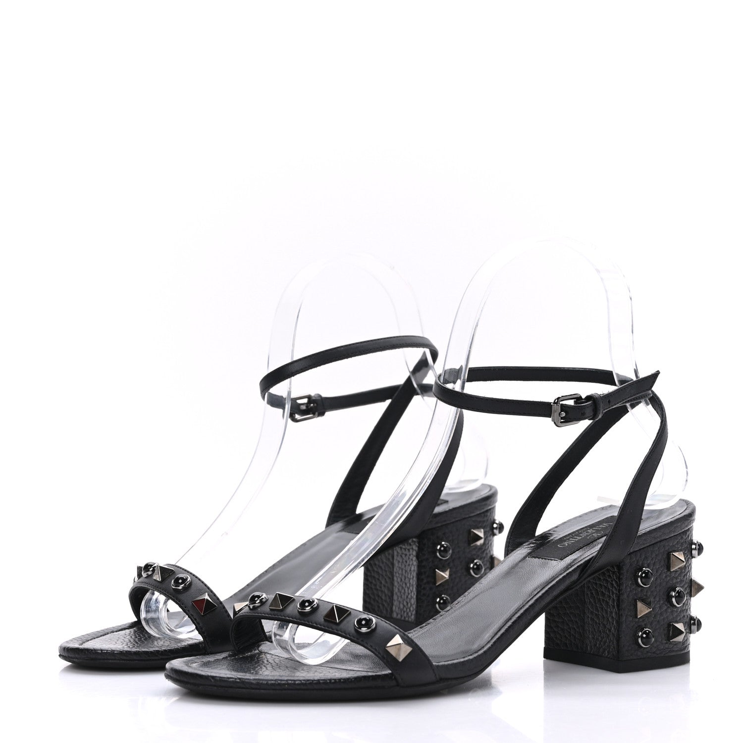 Valentino Garavani Pebbled Calfskin Onyx Rockstud Rolling 60mm City Sandals 37 Black 3 of 7