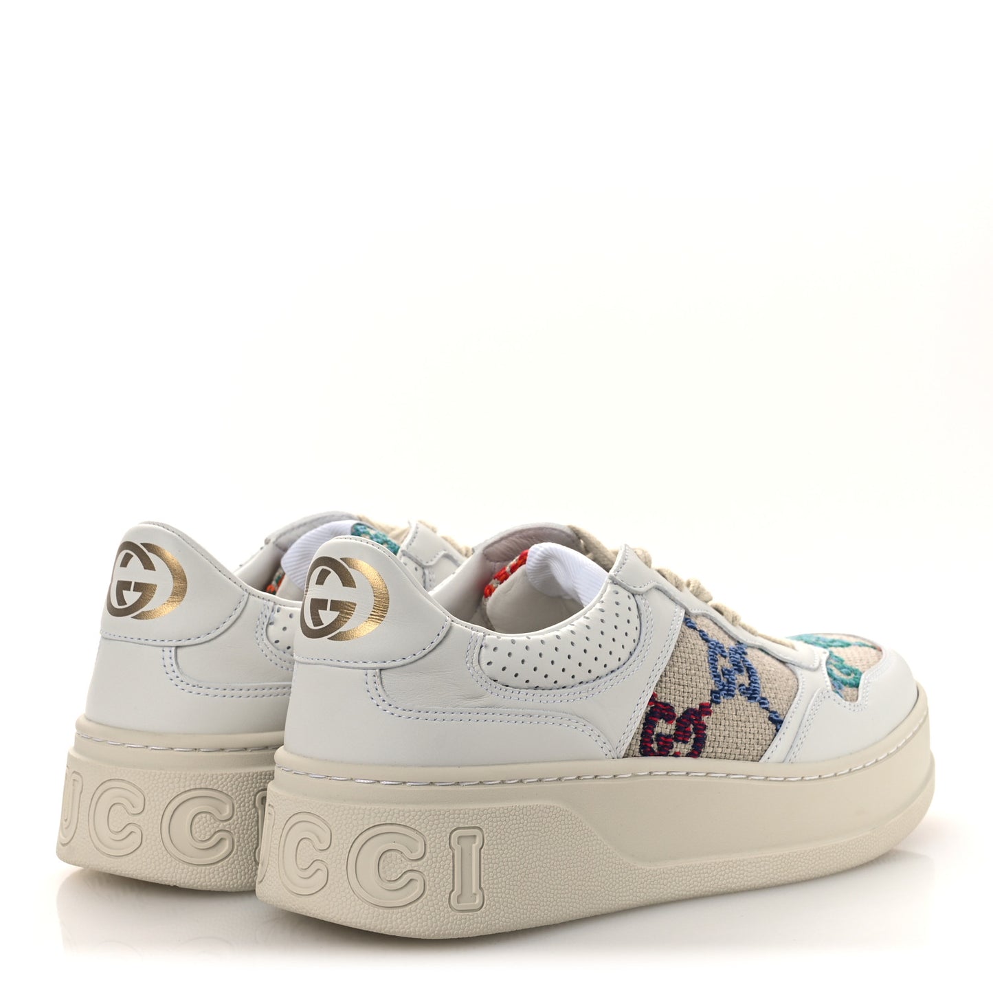 Dali Soft Calfskin GG Tennis Embossed Perforated Womens Platform 55mm Sneakers 38.5 White Multicolor