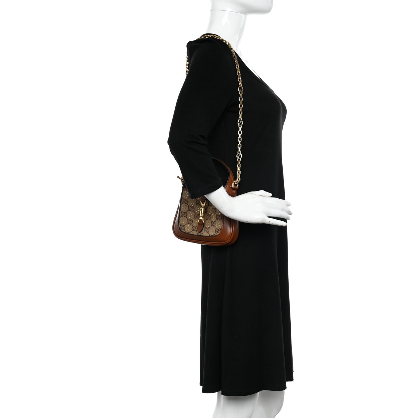 New Canvas Charisma Calfskin Crystal GG Monogram Mini Jackie 1961 Hobo Camel Ebony