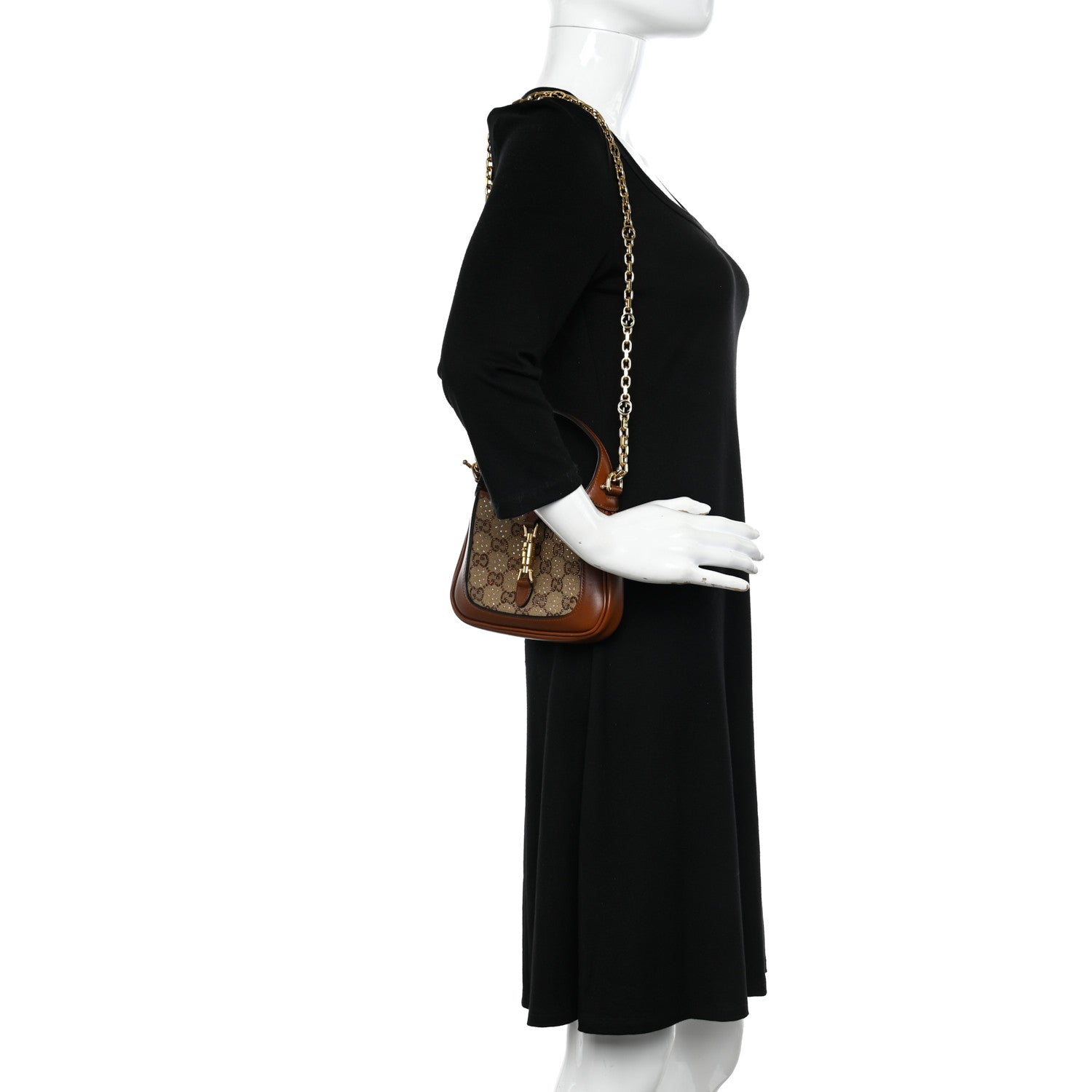 Gucci New Canvas Charisma Calfskin Crystal GG Monogram Mini Jackie 1961 Hobo Camel Ebony 2 of 11