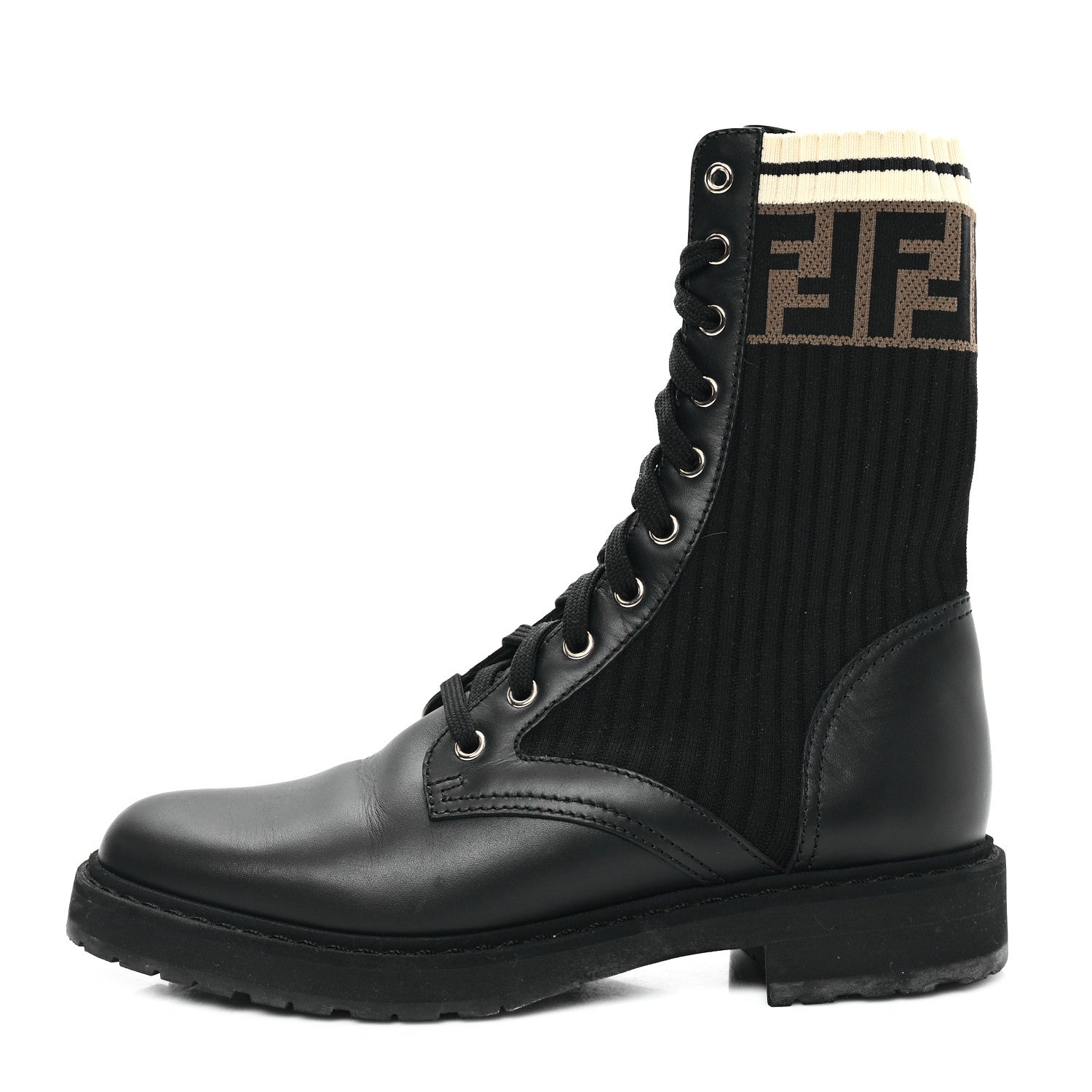 Fendi Calfskin Stretch Fabric Rockoko Biker Boots 38.5 Tobacco Black Marino 1 of 9