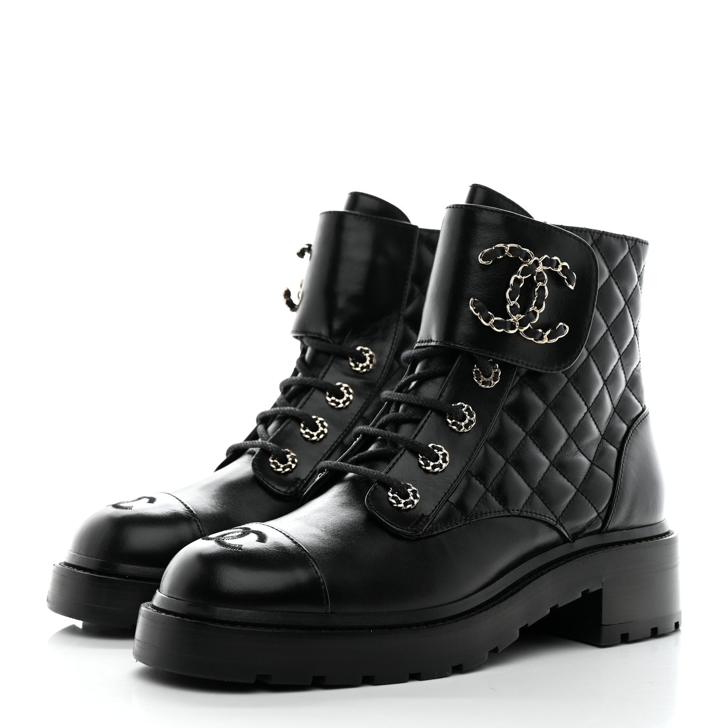 Shiny Lambskin Quilted Lace Up Combat Boots 39 Black