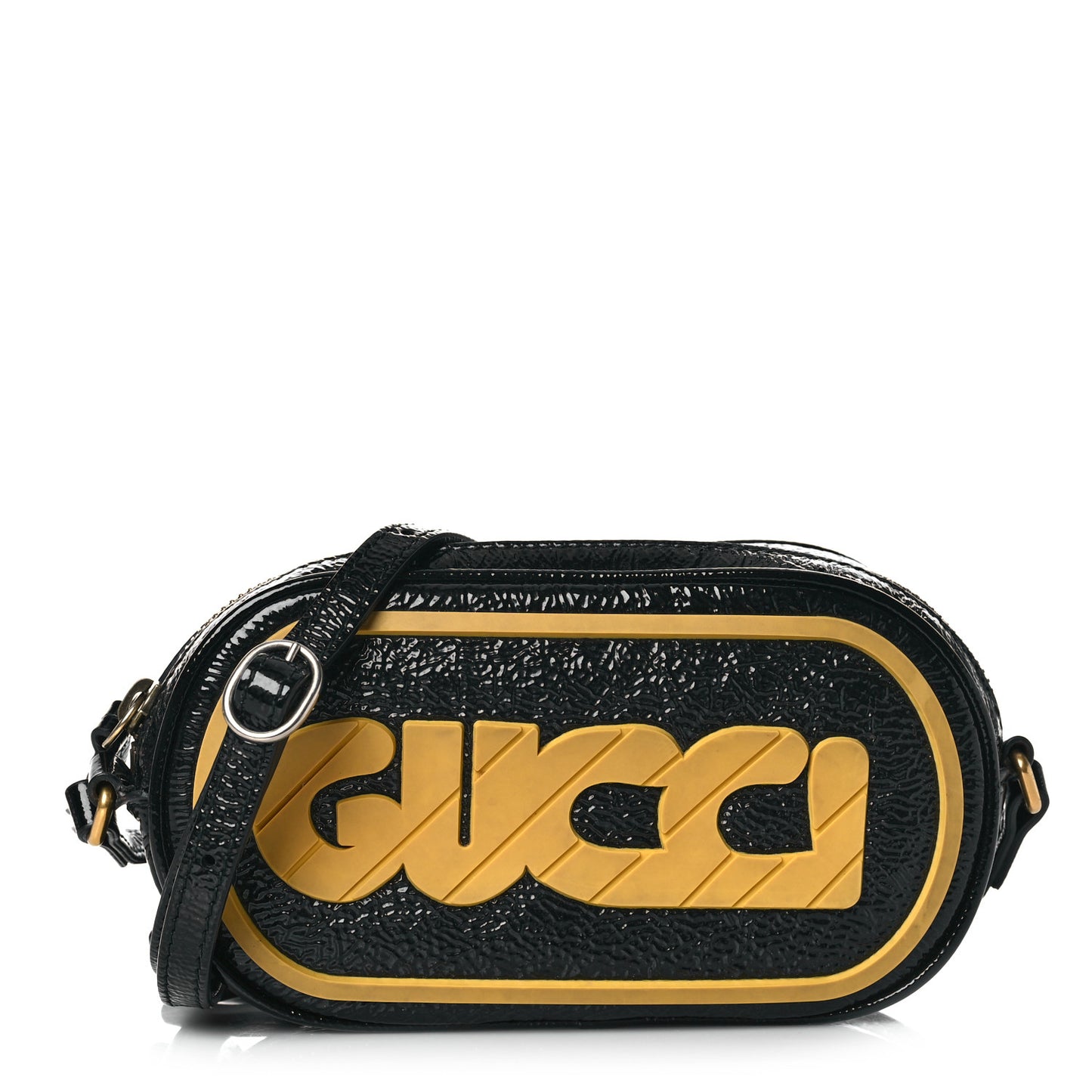 Patent Rubber Game Patch Logo Crossbody Bag Black