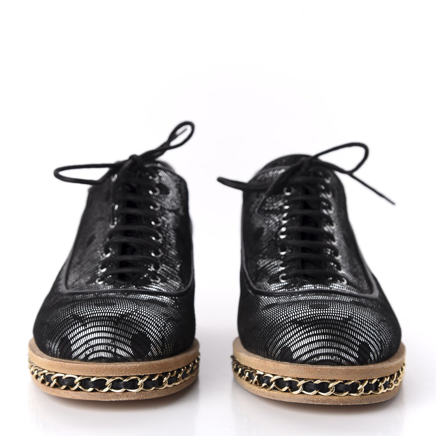 Metallic Calfskin CC Lace Up Chain Oxfords 37.5 Silver Black