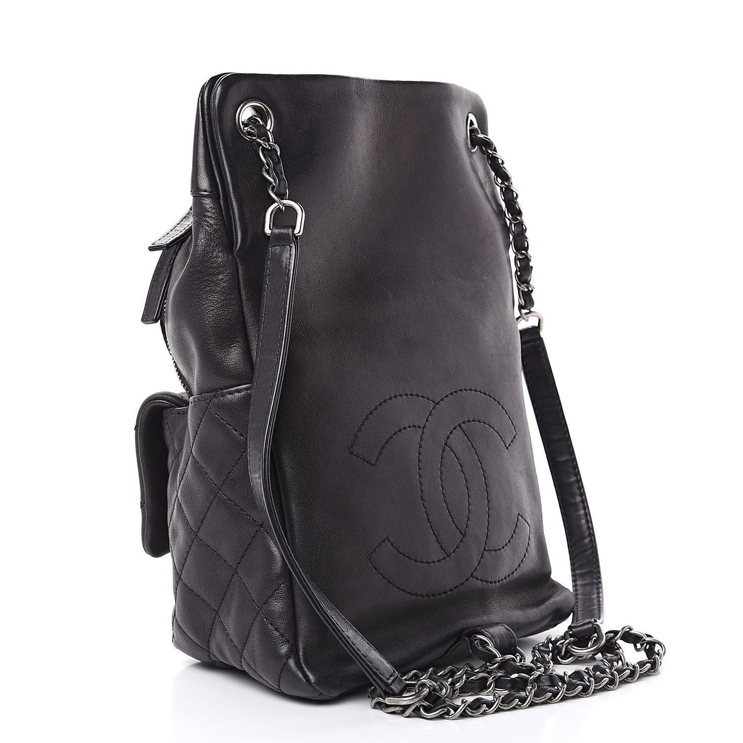 Lambskin Quilted Drawstring Backpack Black