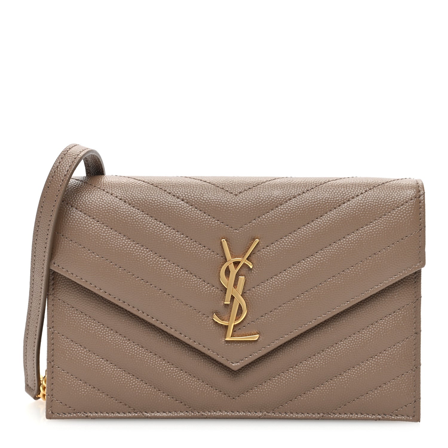 Saint Laurent Grain De Poudre Matelasse Chevron Monogram Envelope Chain Wallet Taupe 1 of 10
