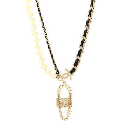 Chanel Lambskin Pearl Quilted Flap Necklace Gold Black Pearly White 1 of 6