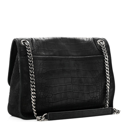 Saint Laurent Nubuck Crocodile Embossed Monogram Medium Niki Chain Satchel Black 3 of 10