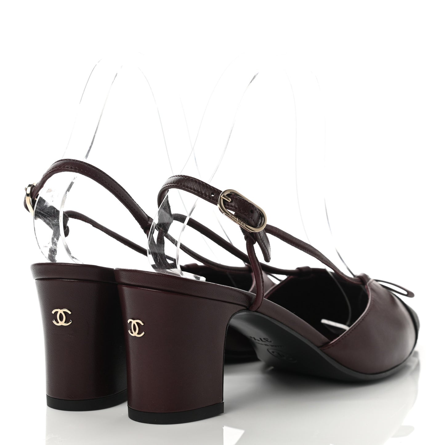 Lambskin Satin Slingback Cap Toe Bow Pumps 37.5 Burgundy Black