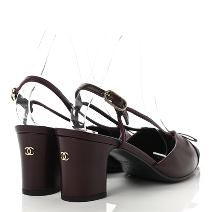 Chanel Lambskin Satin Slingback Cap Toe Bow Pumps 37.5 Burgundy Black 4 of 8