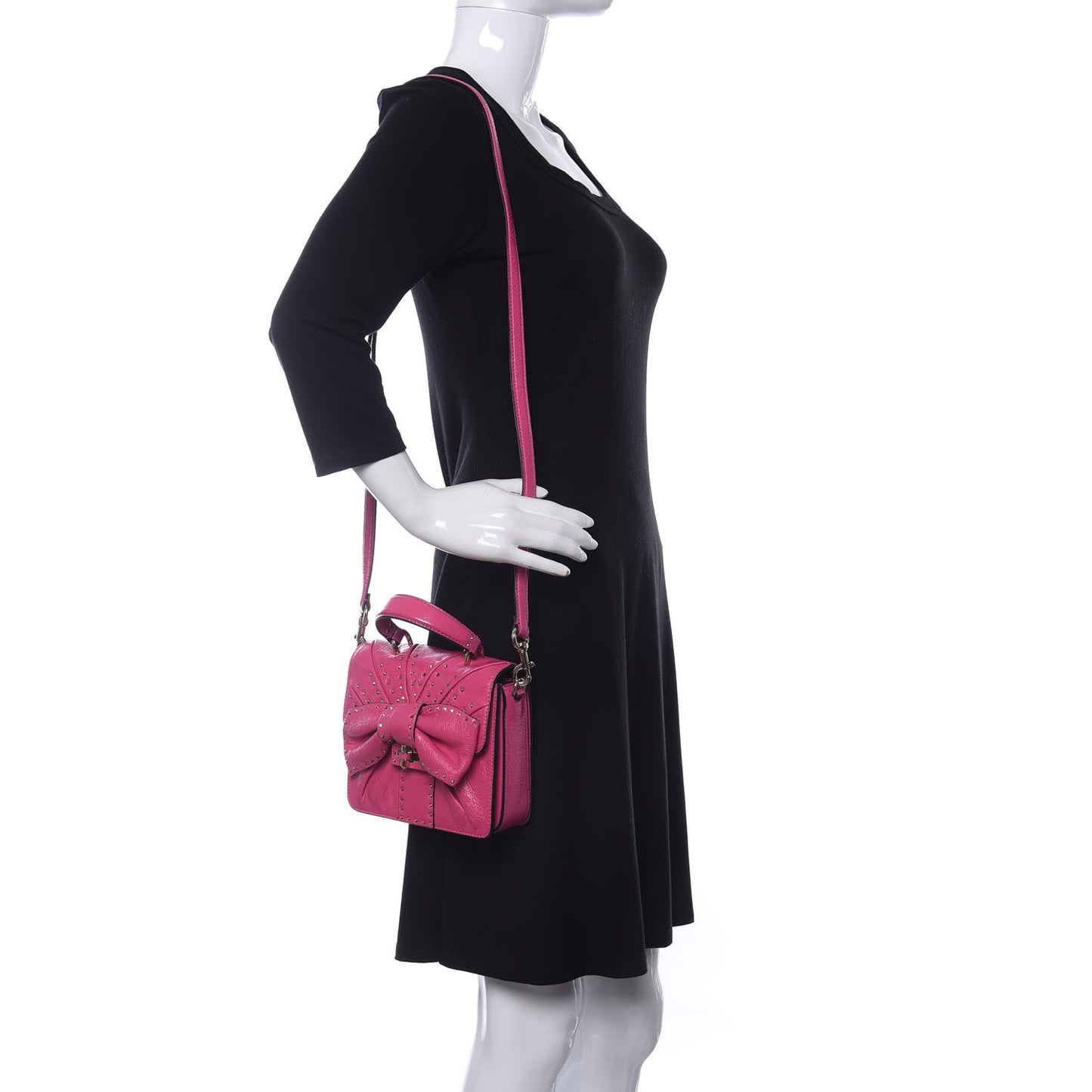 Pebbled Calfskin Rockstud Bow Top Handle Bag Pink Orchid
