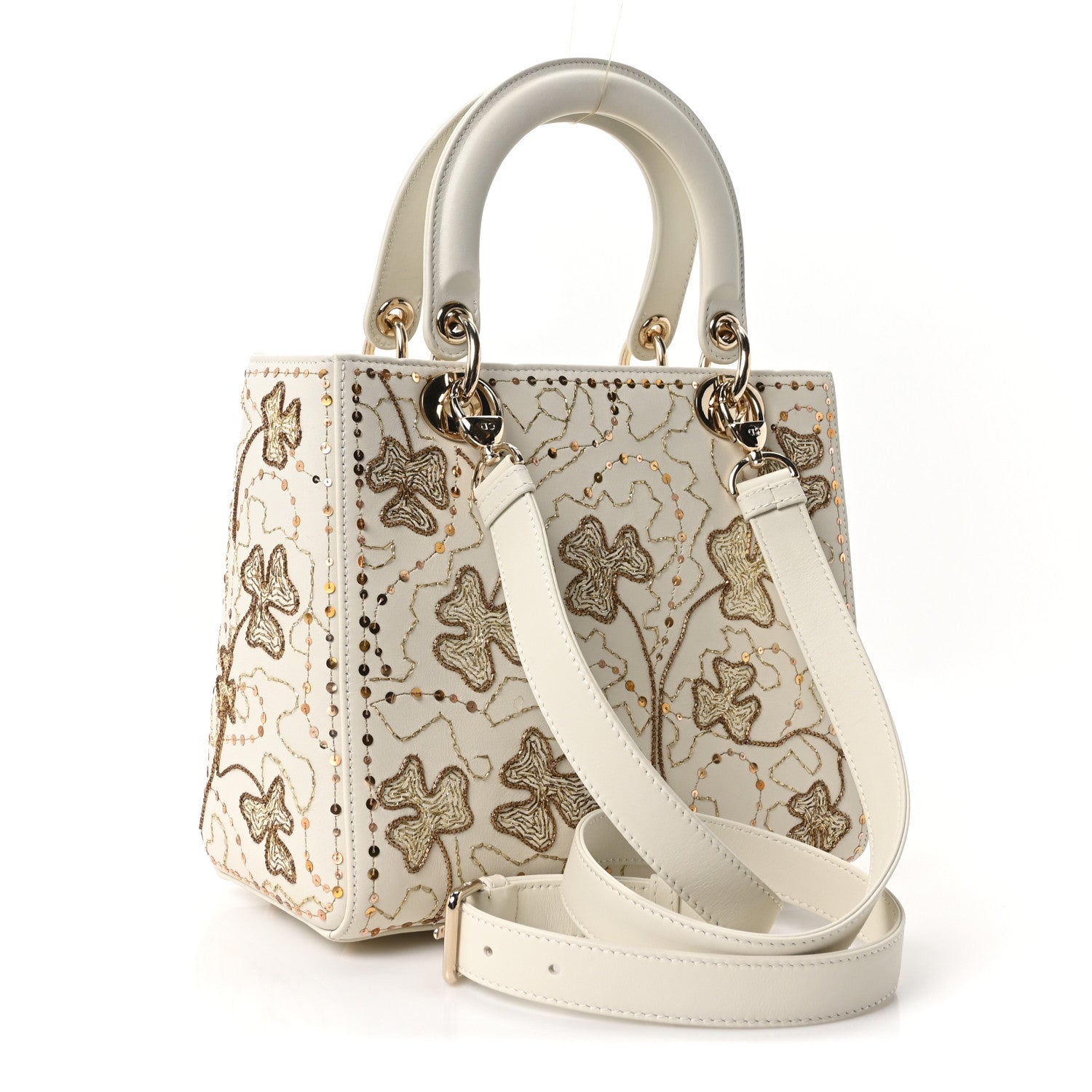 Christian Dior Smooth Calfskin Sequin Embroidered Clover Medium Lady Dior White 3 of 10