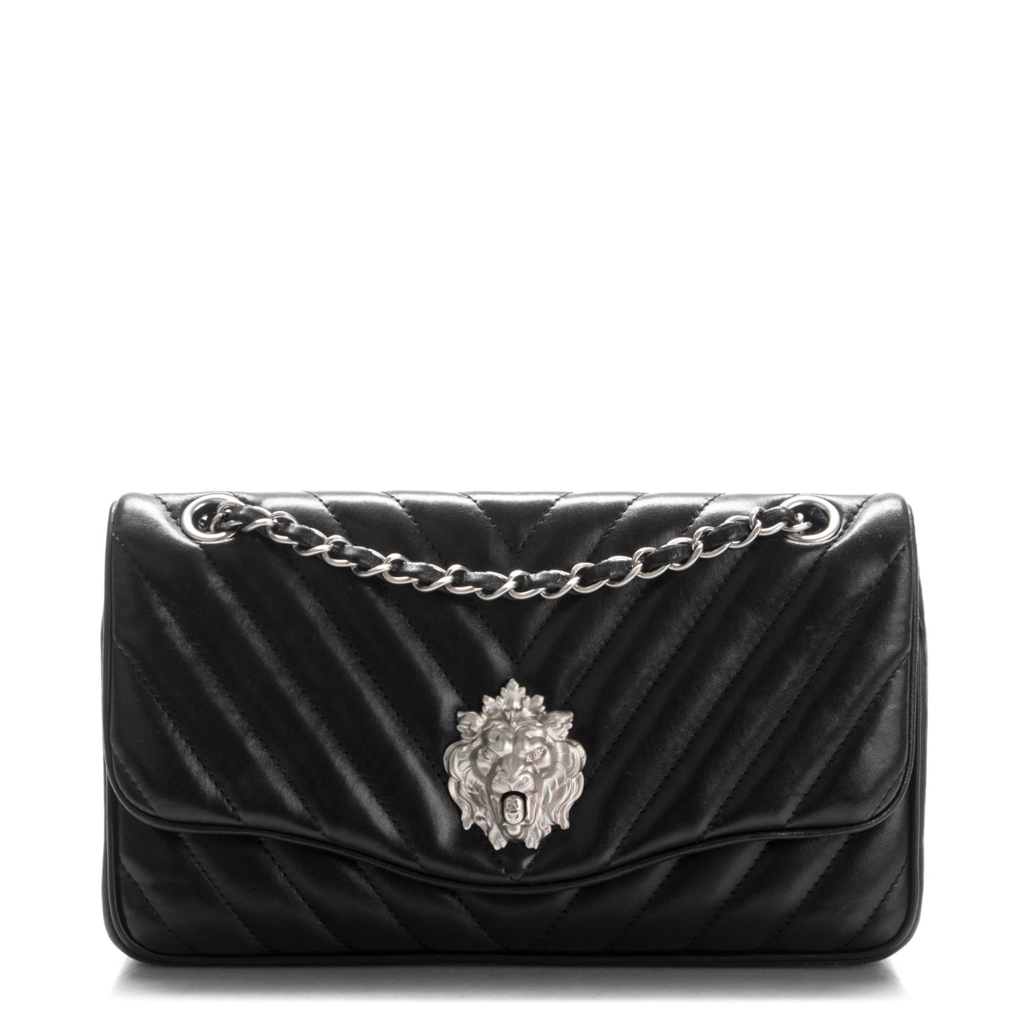 Lambskin Chevron Medium Leo Lion Flap Black