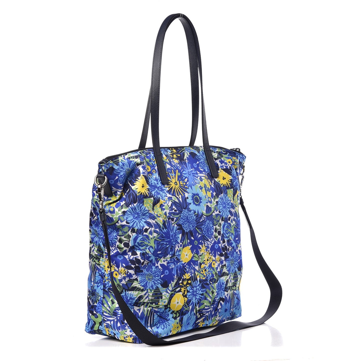 Tessuto Nylon Saffiano Floral Print Tote Bluette Dis Primule