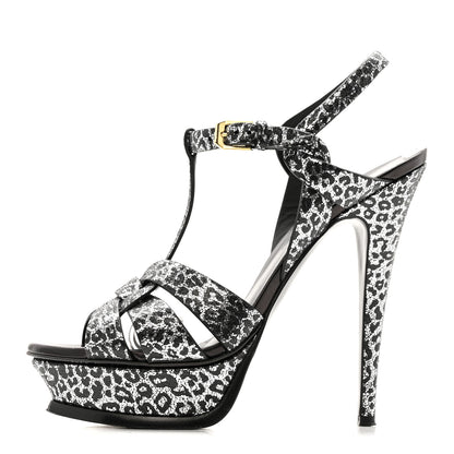 Saint Laurent Metallic Calfskin Leopard Print Tribute 105 Platform Sandals 38  Black Silver 1 of 12
