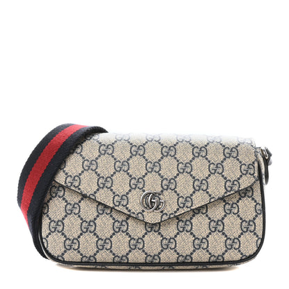 Gucci GG Supreme Monogram Textured Dollar Calfskin Web Mini Ophidia Envelope Shoulder Bag Beige Blue 1 of 9