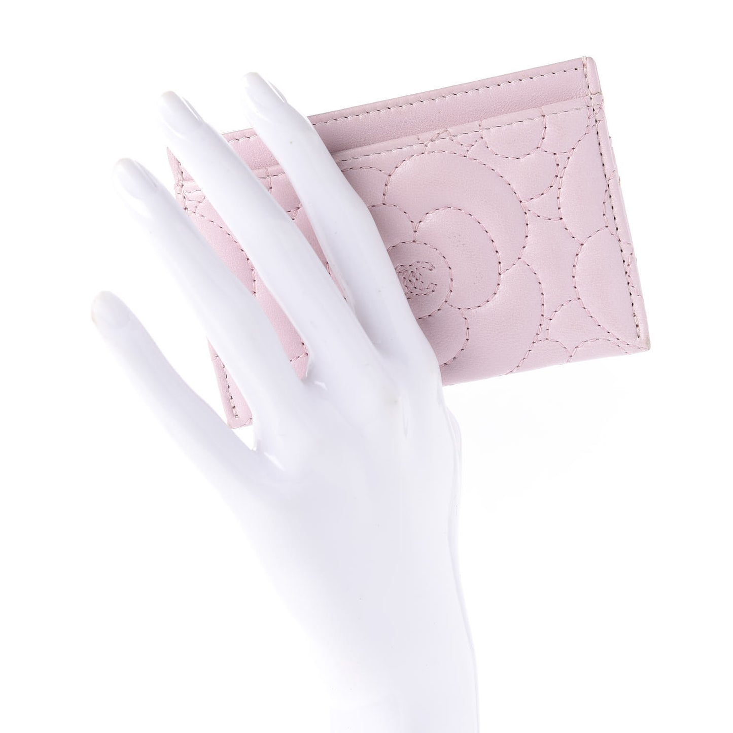 Lambskin Camellia Embossed Card Holder Pink