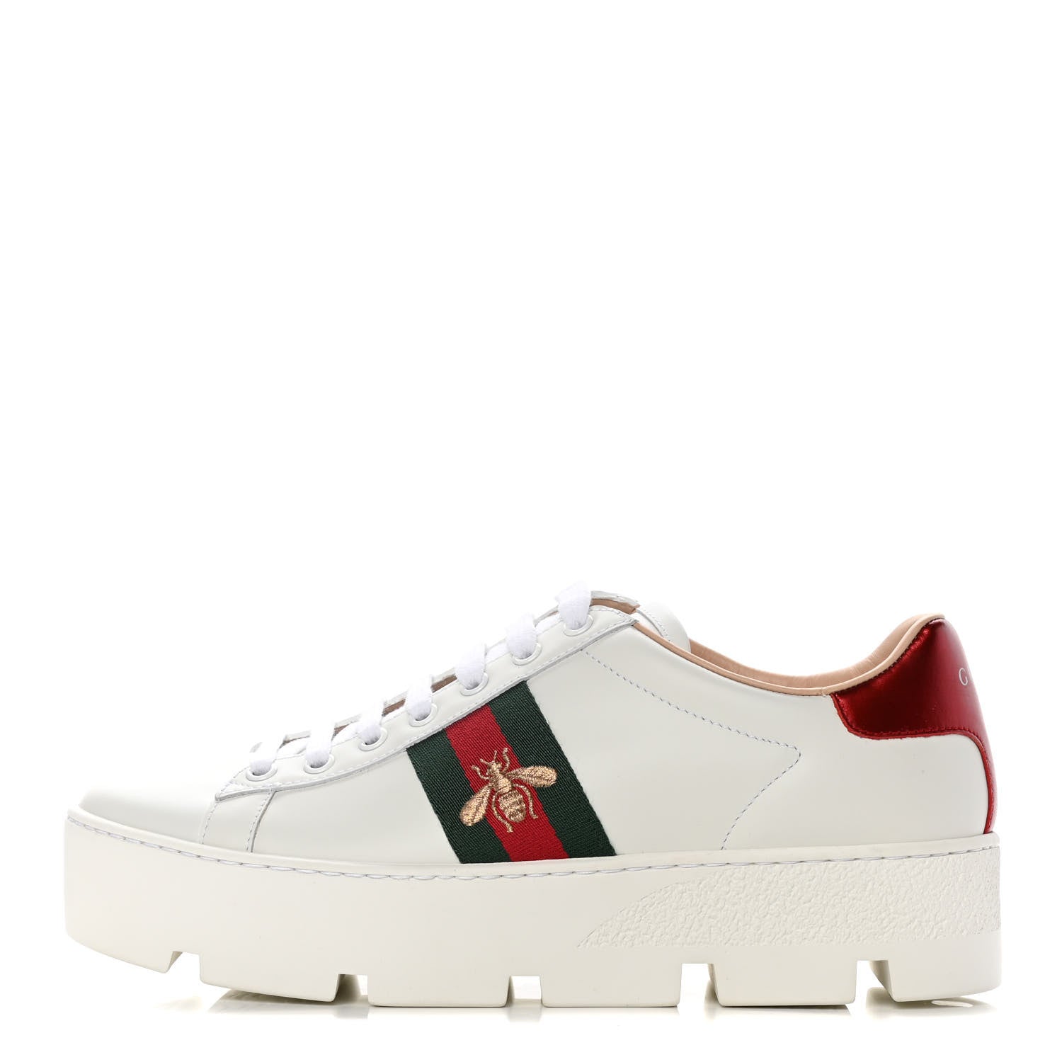 Gucci Calfskin Web Bee Embroidered Womens Ace Platform Sneakers 38.5 White 1 of 11