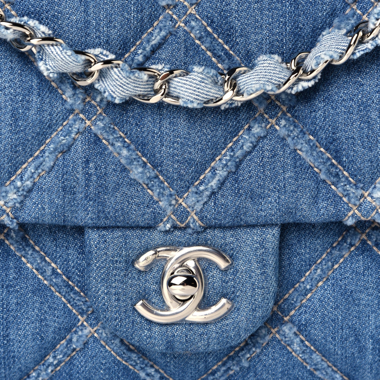 Frayed Denim Quilted Large Blue Chip Flap Blue