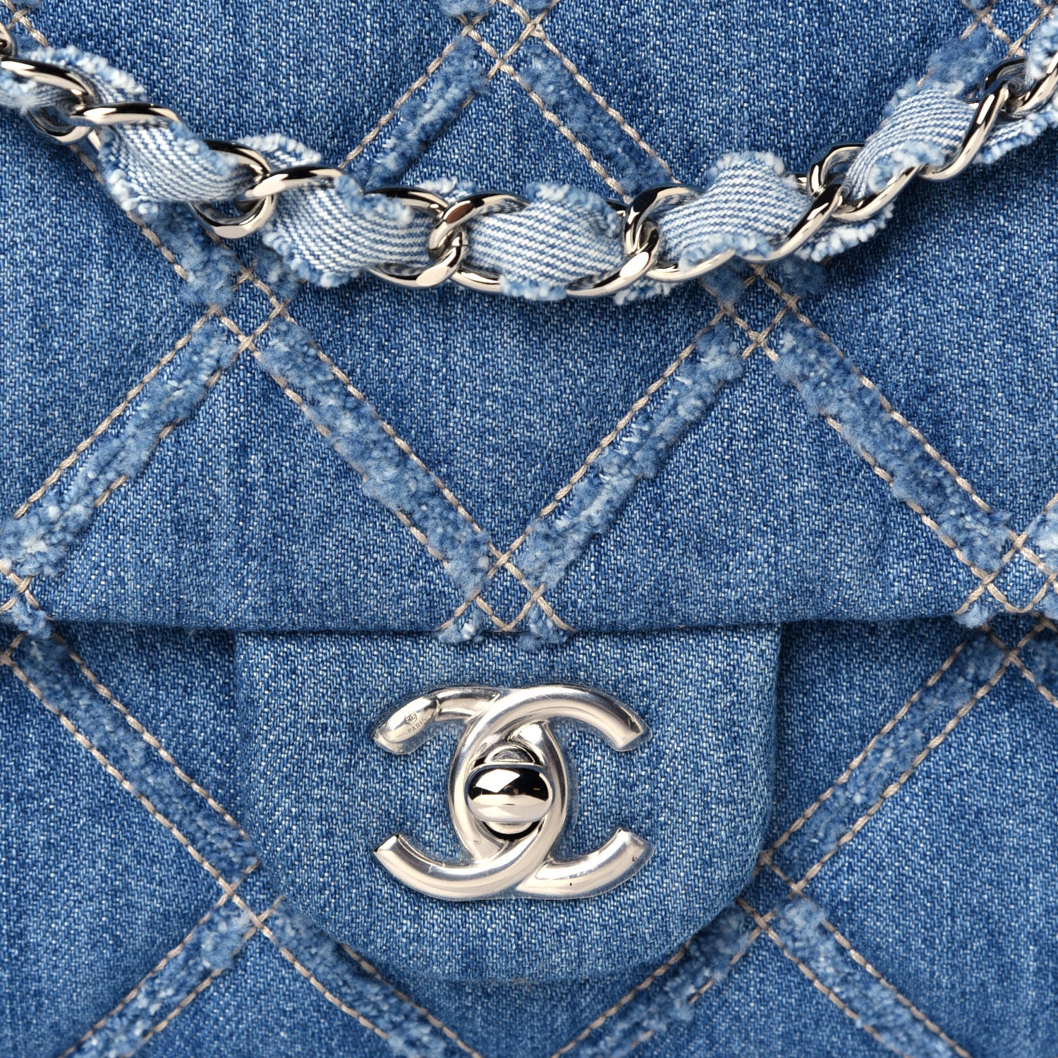 Chanel Frayed Denim Quilted Large Blue Chip Flap Blue 14 of 16