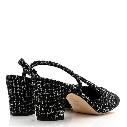 Chanel Tweed Grosgrain Cap Toe CC Slingback Pumps 38.5 Black White 4 of 12