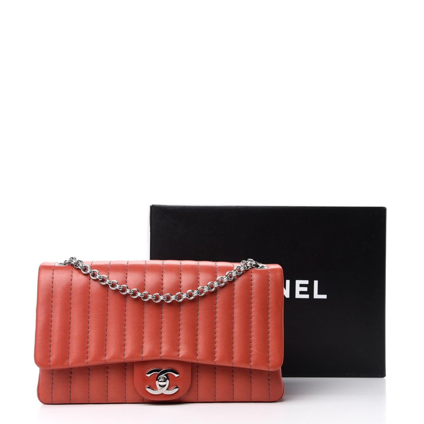 Lambskin Vertical Quilted Medium Single Flap Red