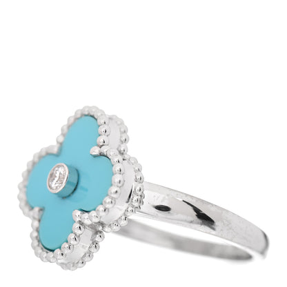 Van Cleef & Arpels 18K White Gold Diamond Turquoise Vintage Alhambra Ring 51 5.75 3 of 5
