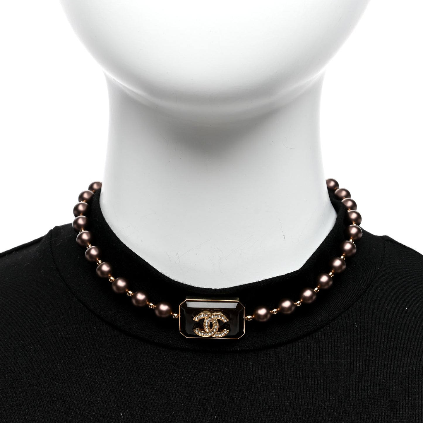 Pearl Crystal CC Choker Necklace Brown Gold