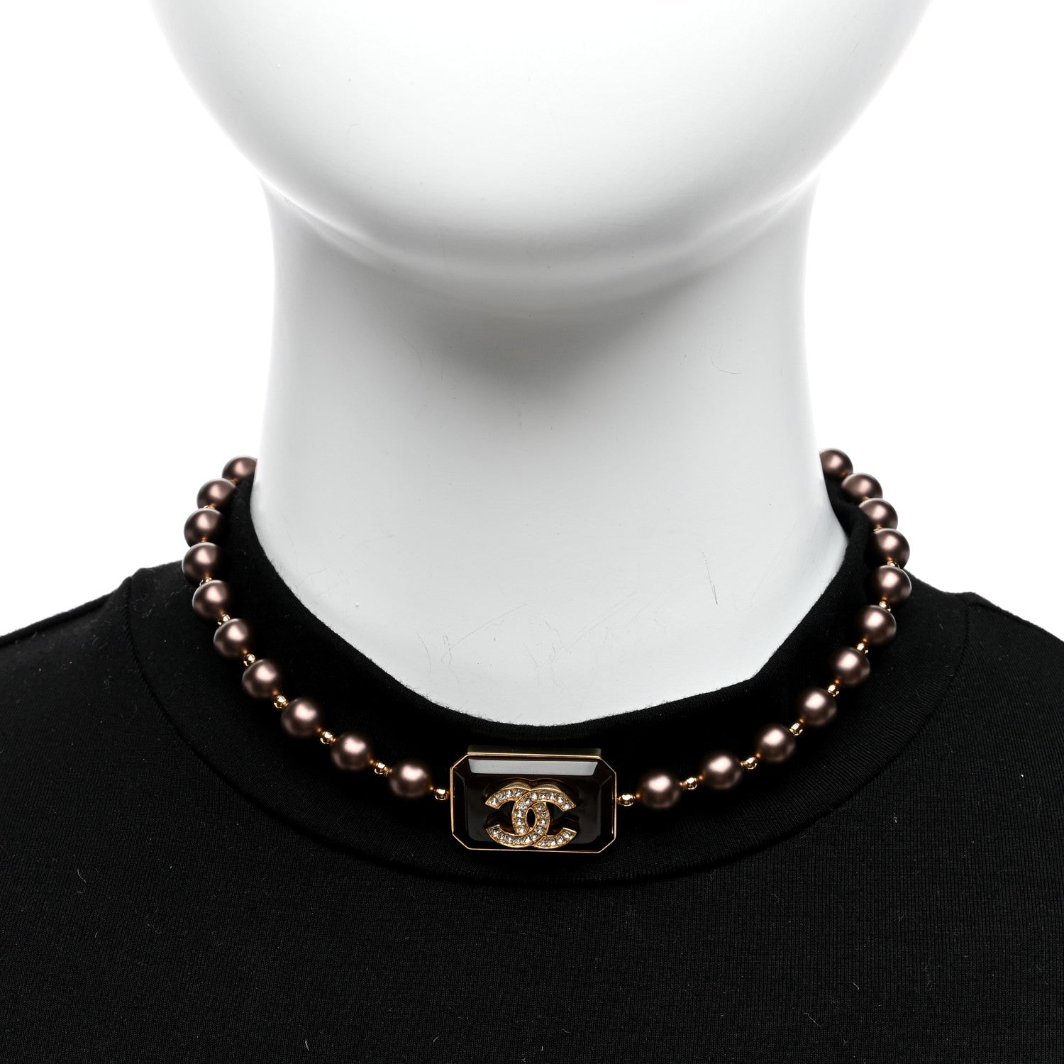 Chanel Pearl Crystal CC Choker Necklace Brown Gold 3 of 5