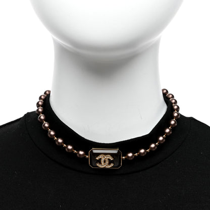 Chanel Pearl Crystal CC Choker Necklace Brown Gold 3 of 5