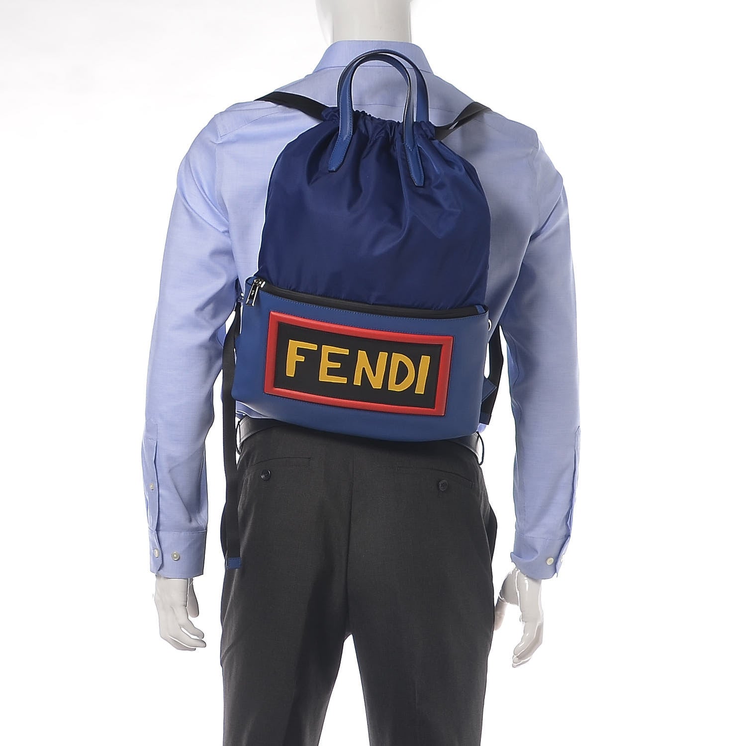 Fendi Nylon Vitello Century Vocabulary Drawstring Backpack Blue Cobalto Blue Neon Sunflower 2 of 10