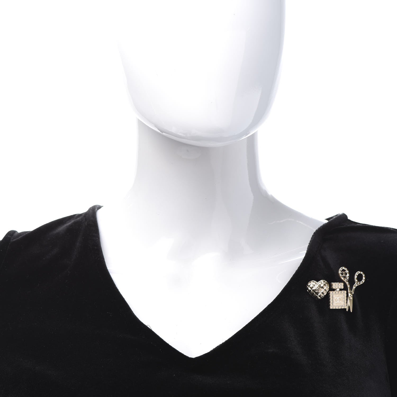 Chanel Metal Strass Crystal Quilted CC Heart Scissors Perfume Brooch Set Gold 2 of 6