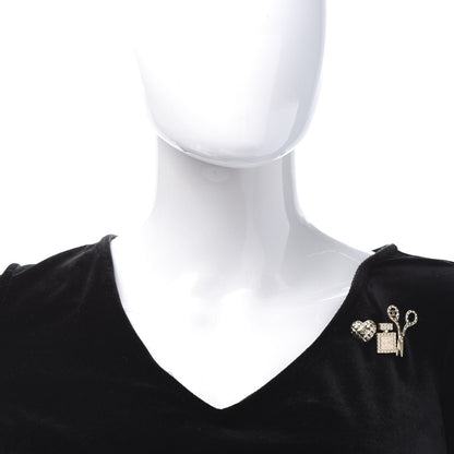 Chanel Metal Strass Crystal Quilted CC Heart Scissors Perfume Brooch Set Gold 2 of 6