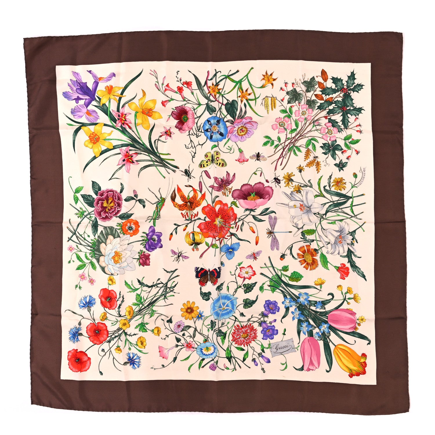 Gucci Silk Floral Print Square Scarf Ivory Brown 1 of 4