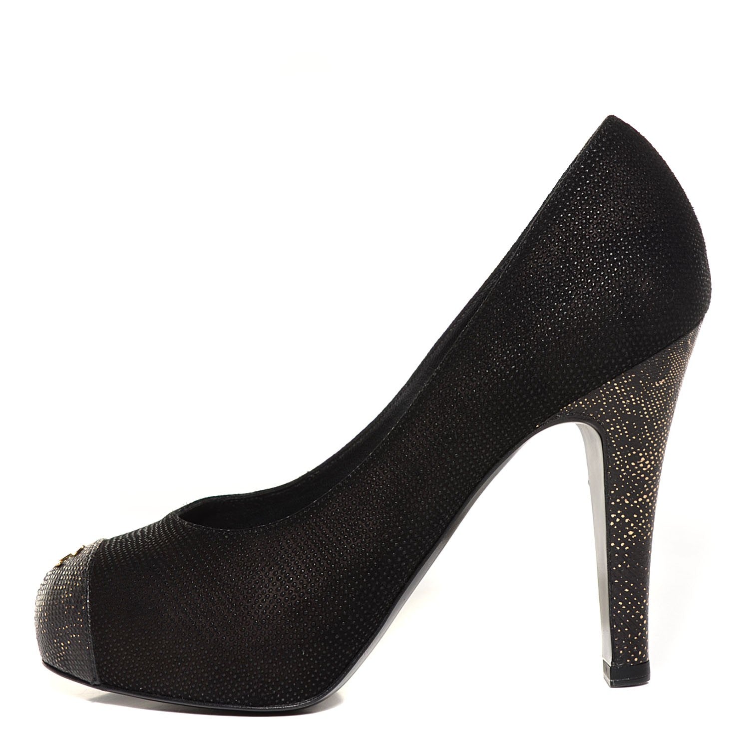 Chanel Coated Suede CC Cap Toe Pumps 37.5 Black 1 of 7