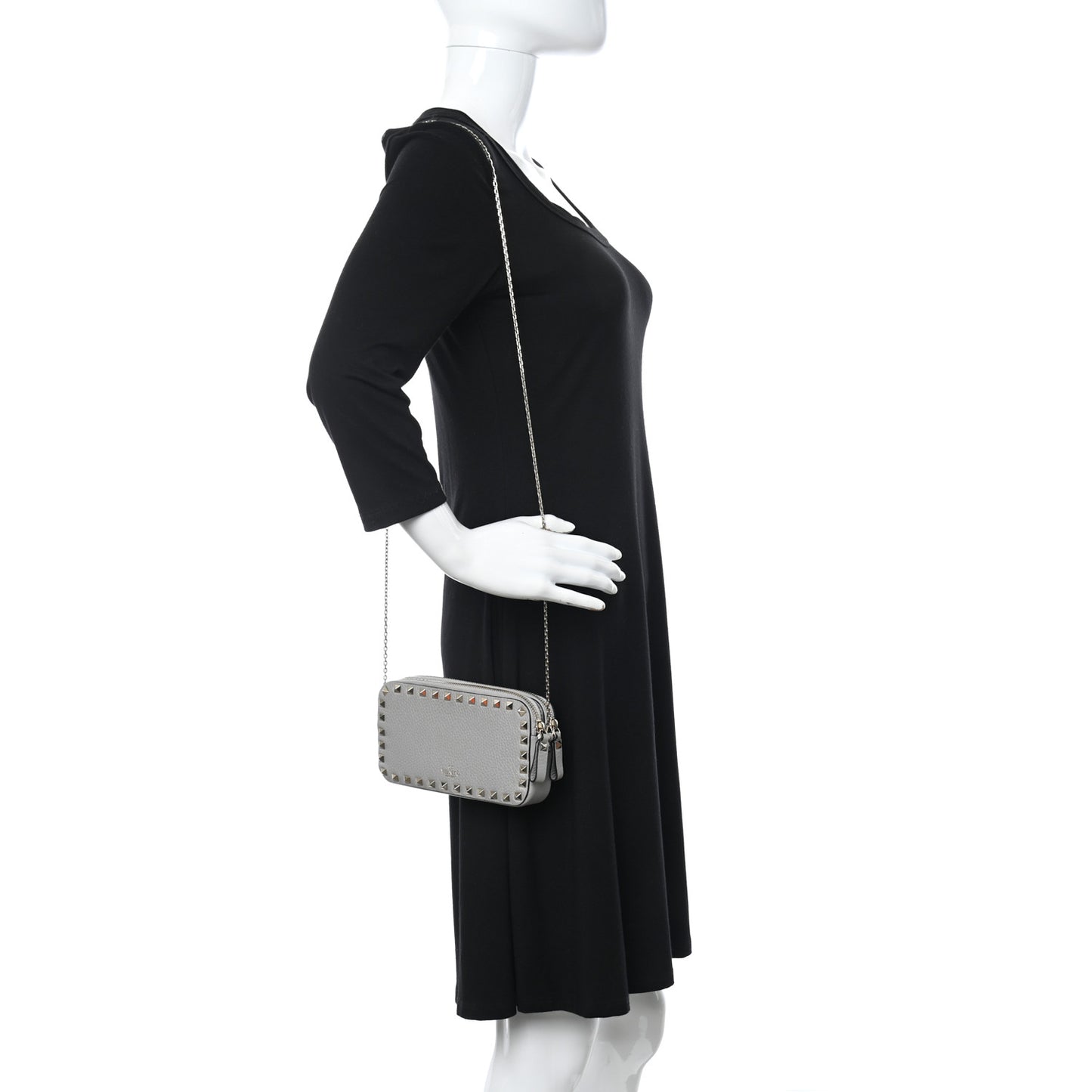 Pebbled Calfskin Rockstud Double Zip Camera Crossbody Bag Grey