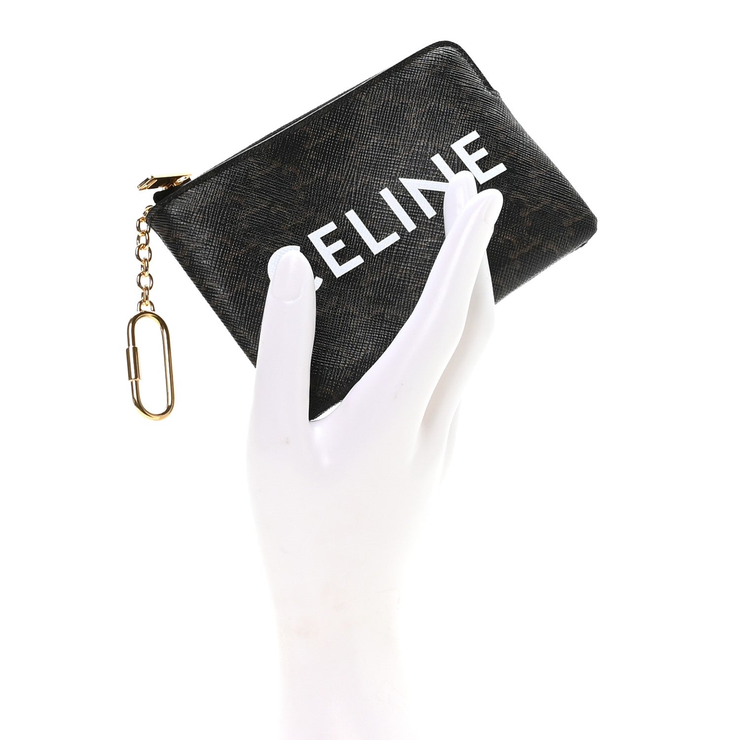 Celine Triomphe Canvas Logo Coin and Card Pouch With Hook Black