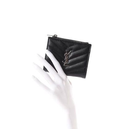 Saint Laurent Grain De Poudre Matelasse Chevron Monogram Zipped Card Case Black 2 of 8