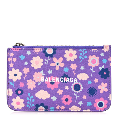 Balenciaga Grained Calfskin Floral Print Logo Large Cash Long Coin Card Holder Purple Multicolor 1 of 8