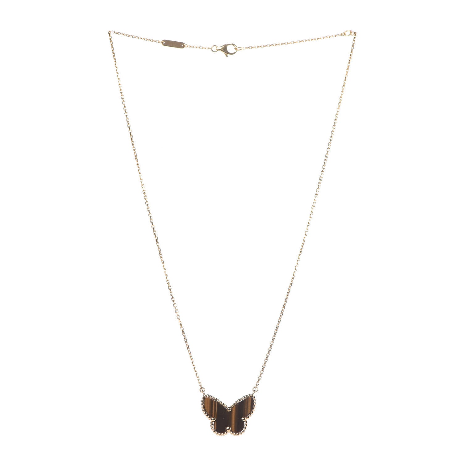 Van Cleef & Arpels 18K Yellow Gold Tiger Eye Lucky Alhambra Butterfly Pendant Necklace 3 of 7