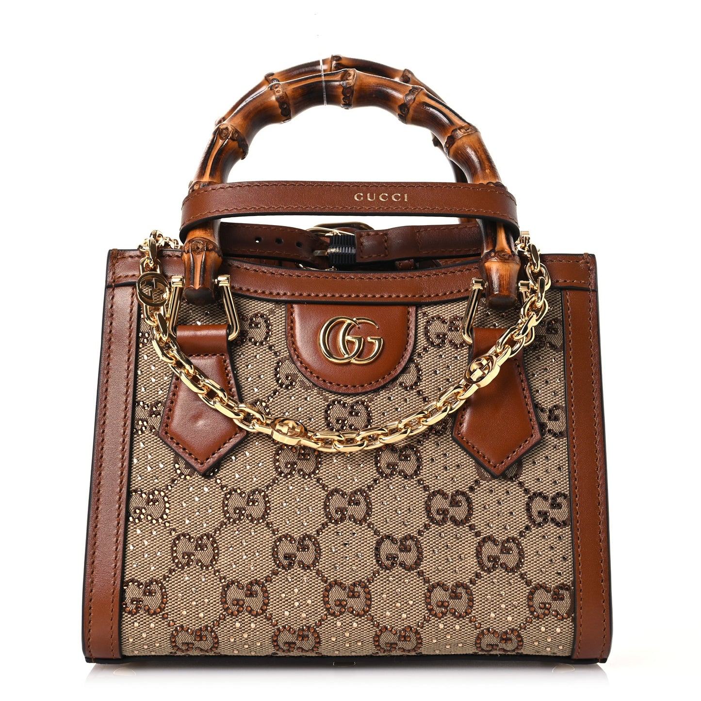 New Canvas Charisma Calfskin Crystal GG Monogram Mini Diana Tote Bag Camel Ebony