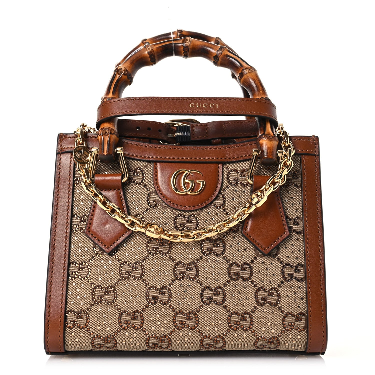 Gucci New Canvas Charisma Calfskin Crystal GG Monogram Mini Diana Tote Bag Camel Ebony 1 of 13