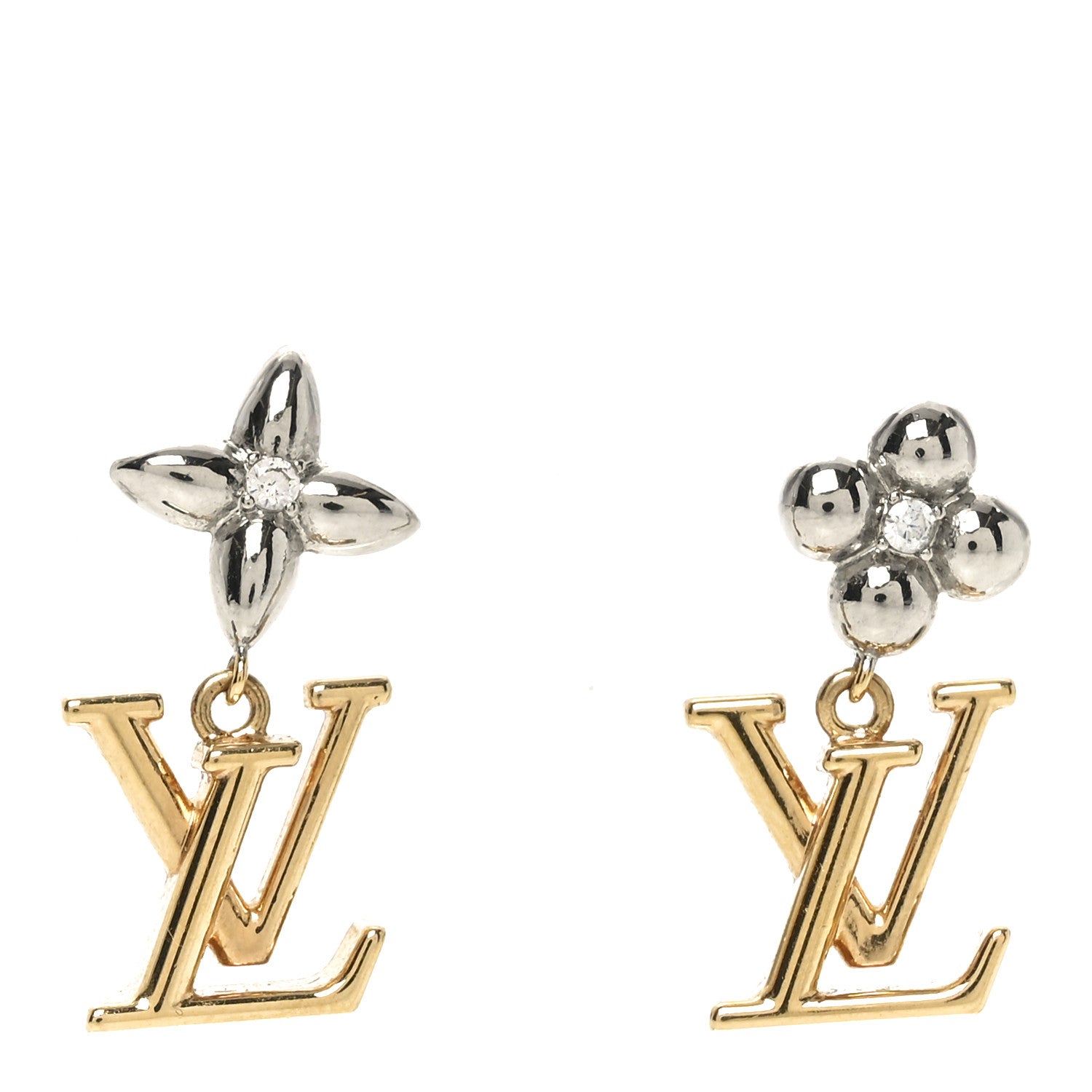 Louis Vuitton Metal Crystal LV Iconic Flower Earrings Gold Silver 1 of 5