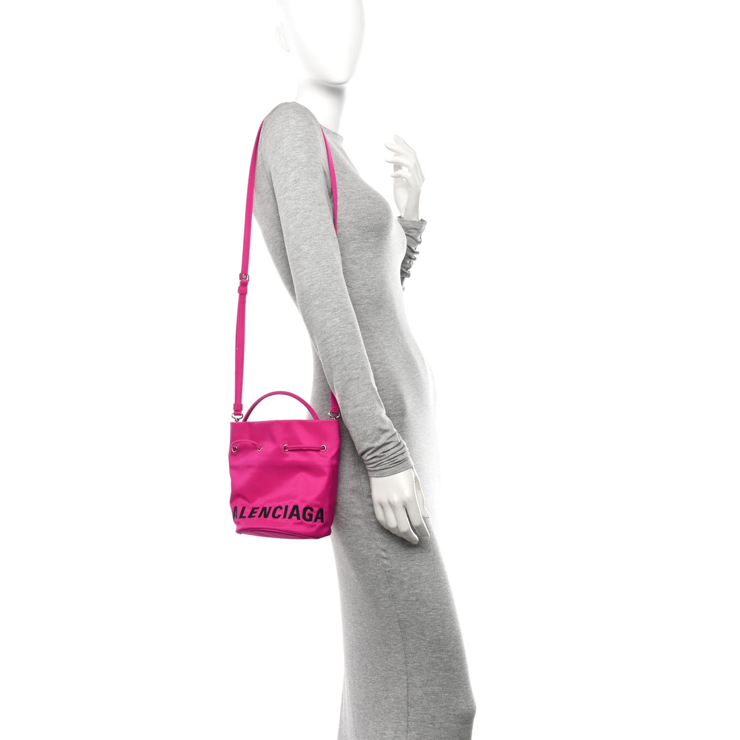 Recycled Sport Nylon Logo Embroidered Wheel Drawstring Bucket Bag XS Fuchsia Black