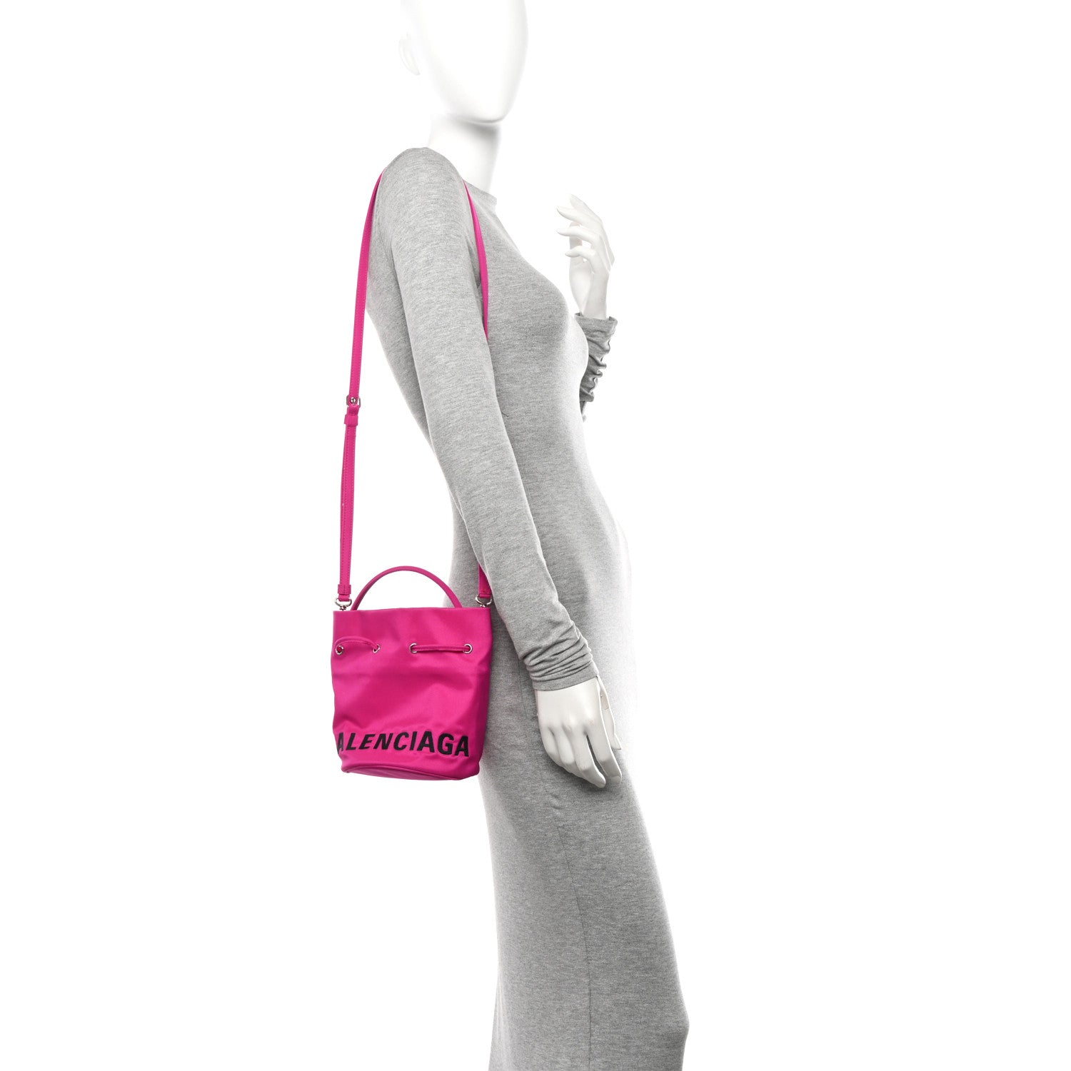 Balenciaga Recycled Sport Nylon Logo Embroidered Wheel Drawstring Bucket Bag XS Fuchsia Black 2 of 9